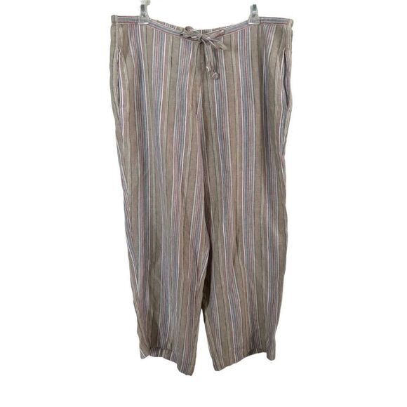 L.L. Bean Women's 14 Reg 100% Linen Cropped Wide Leg Tie Pants Pockets Stripes - Picture 1 of 7